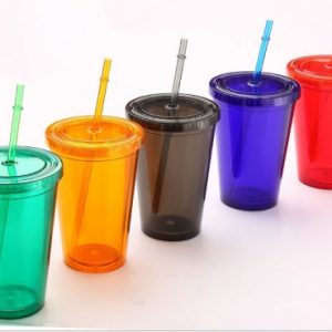 GB016 แก้ว Tumbler พลาสติกทรงฝาเรียบ + หลอด